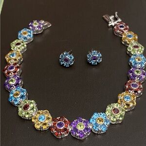 Suzanne Somers 925 Sterling Silver Multi Gemstone Bracelet & 14k Gold Earrings